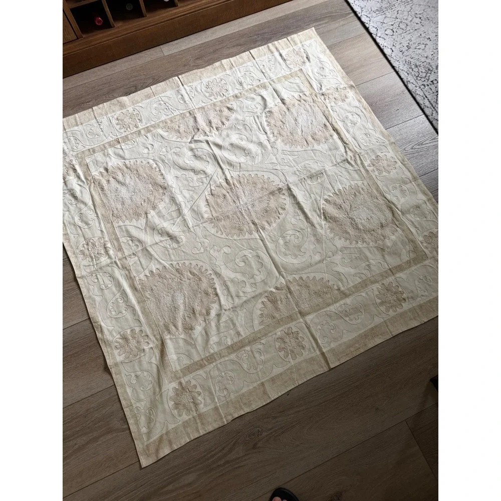 Pottery Barn Dune Suzani Embroidered Table Throw Square 50x50 Cream Tan 5481803
